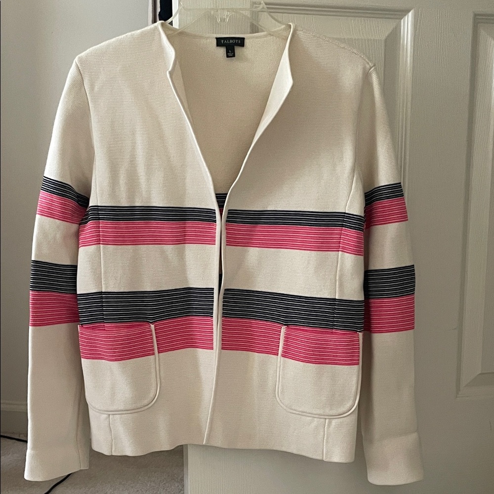 Talbots Cream Sweater with Pink and Black Stripes